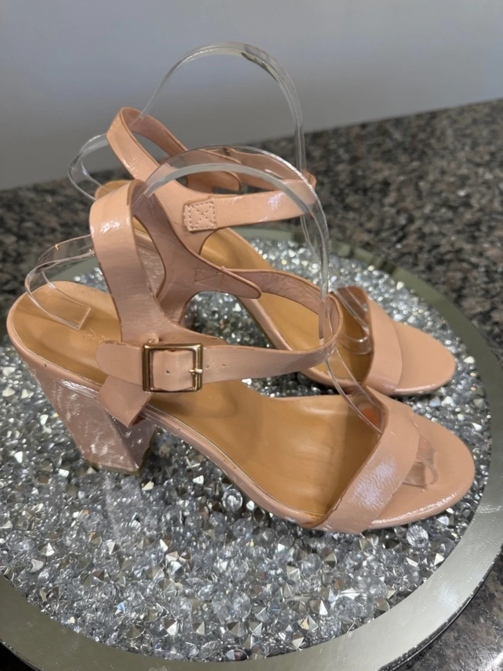 BAMBOO Nude Patent Block Heel Sandals 11
